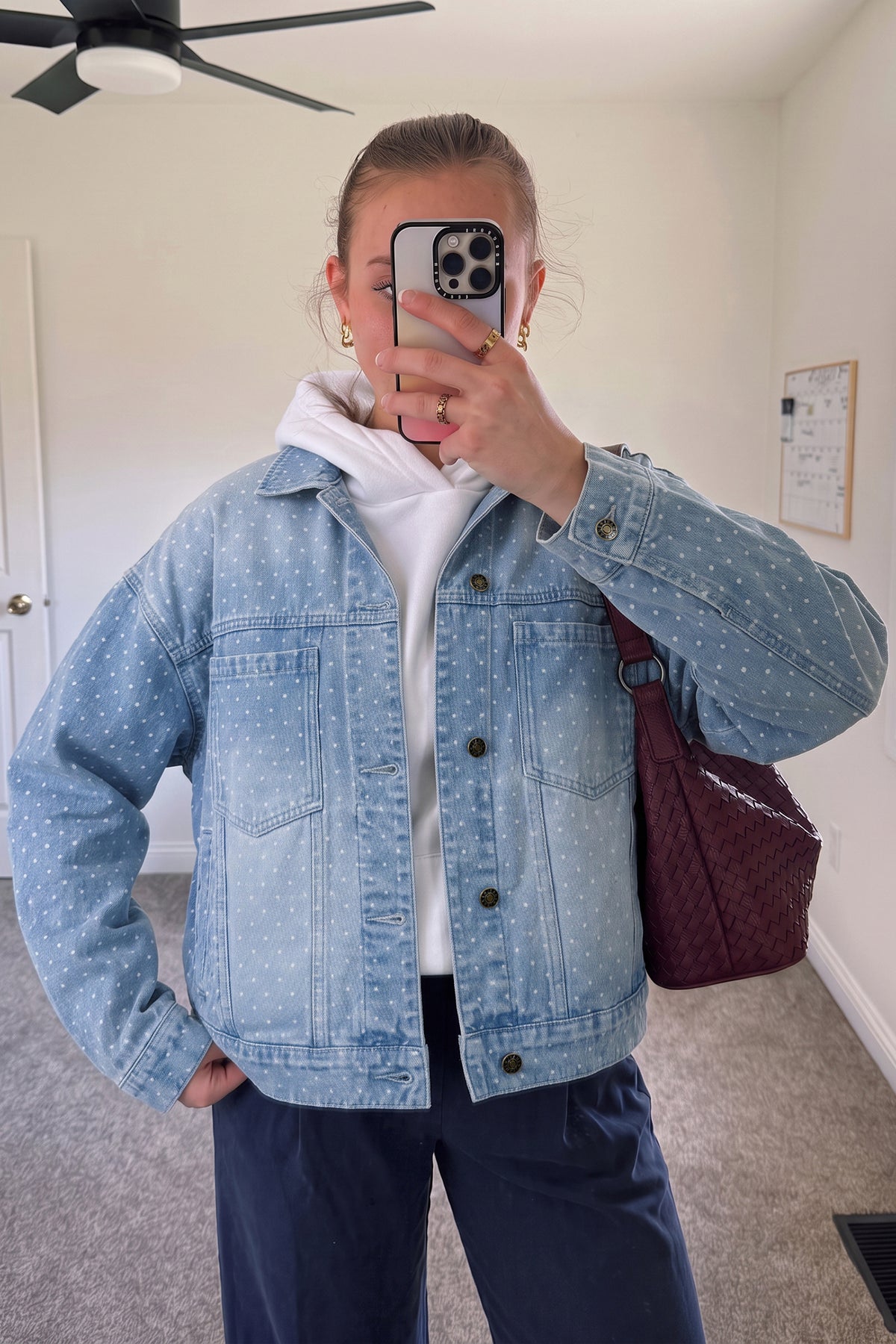Sky Blue Polka Dot Long Sleeve Collar Pocket Denim Jacket
