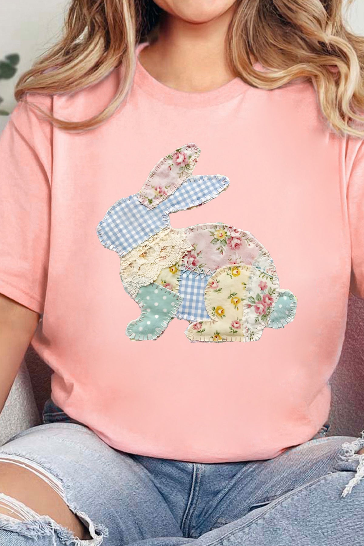 Pink Vibrant Easter Bunny Patchwork Printed T-Shirt