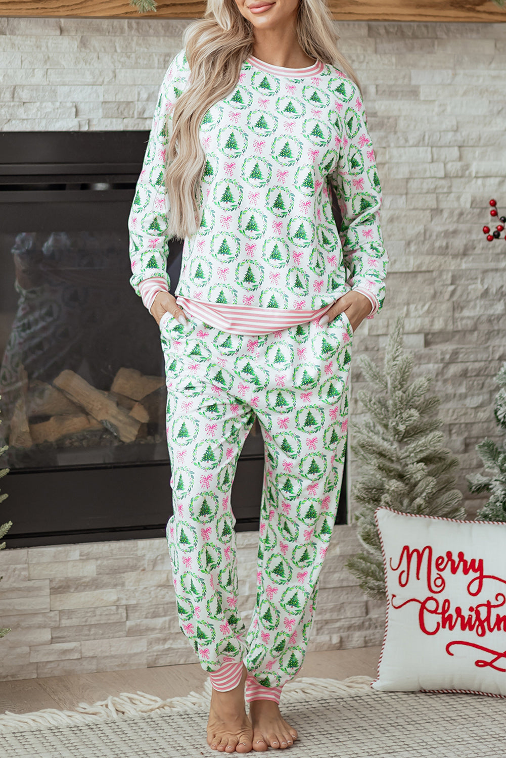 Green Bow Christmas Tree Print Contrast Striped Banding Lounge Set