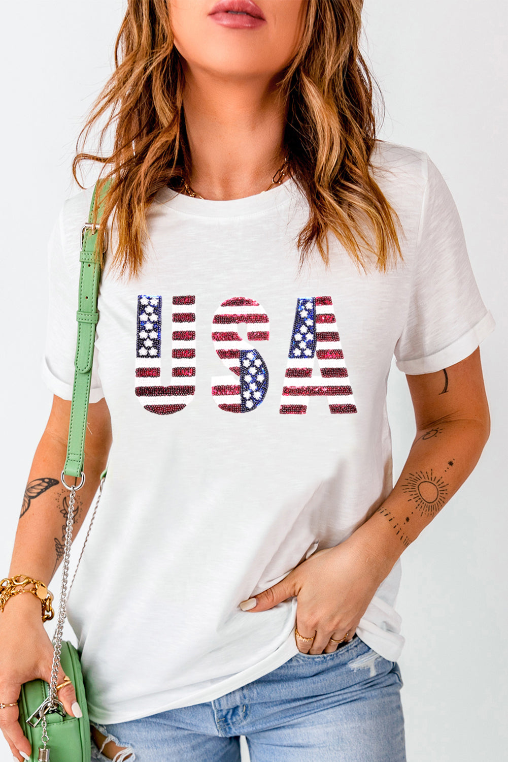 White USA Flag Sequin Patched Round Neck T-Shirt