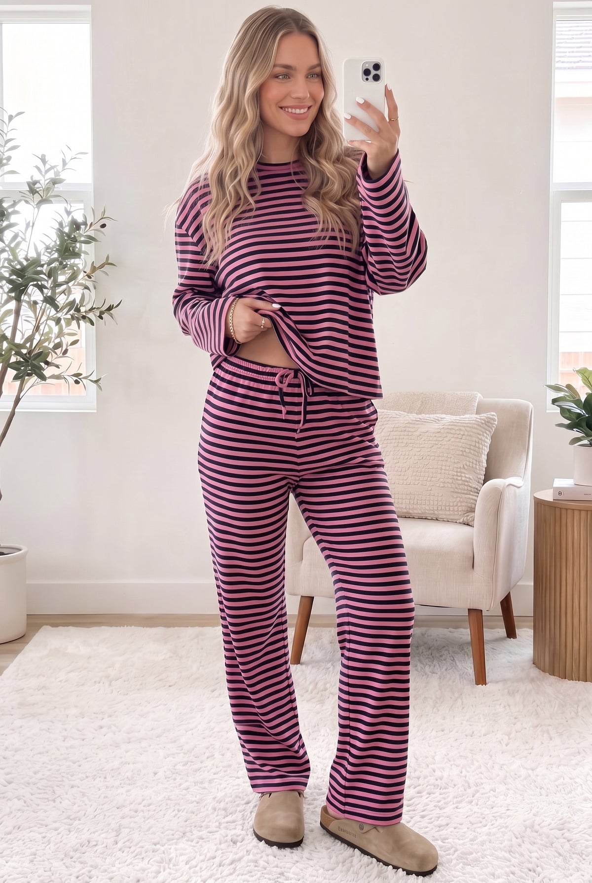 Women's Pink Stripe Casual Long-Sleeve Top Drawstring Pants Set