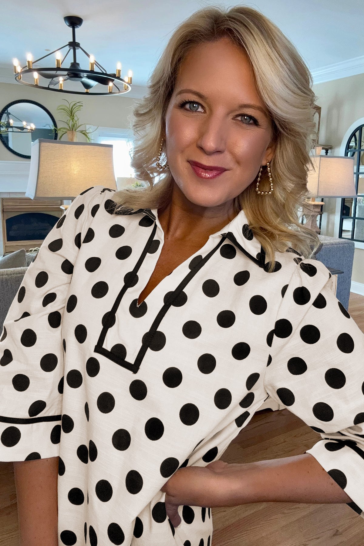 White Polka Dot Half Sleeve Collar V Neck Pocketed Mini Dress