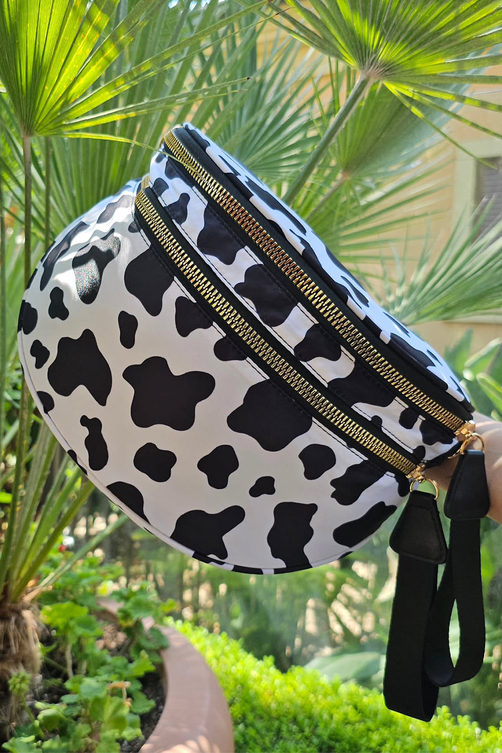 Black white Animal Spots Print Wide Strap Large Crossbody Bag