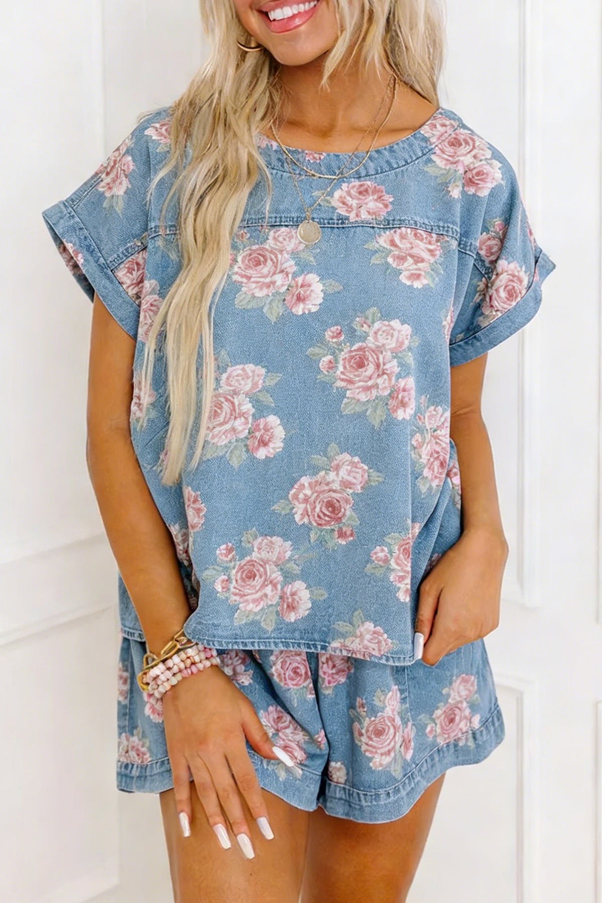 Women's Sky Blue Floral Denim Short-Sleeve Top Loose Shorts Two-Piece Set