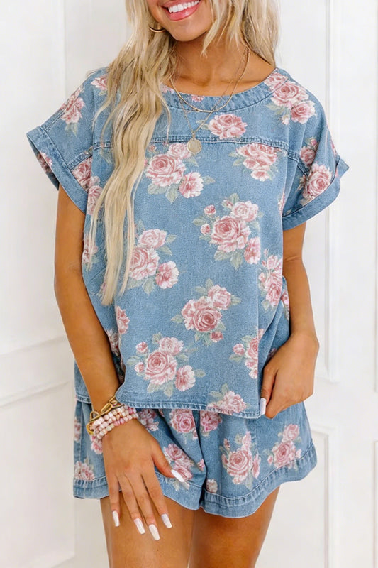 Women's Sky Blue Floral Denim Short-Sleeve Top Loose Shorts Two-Piece Set