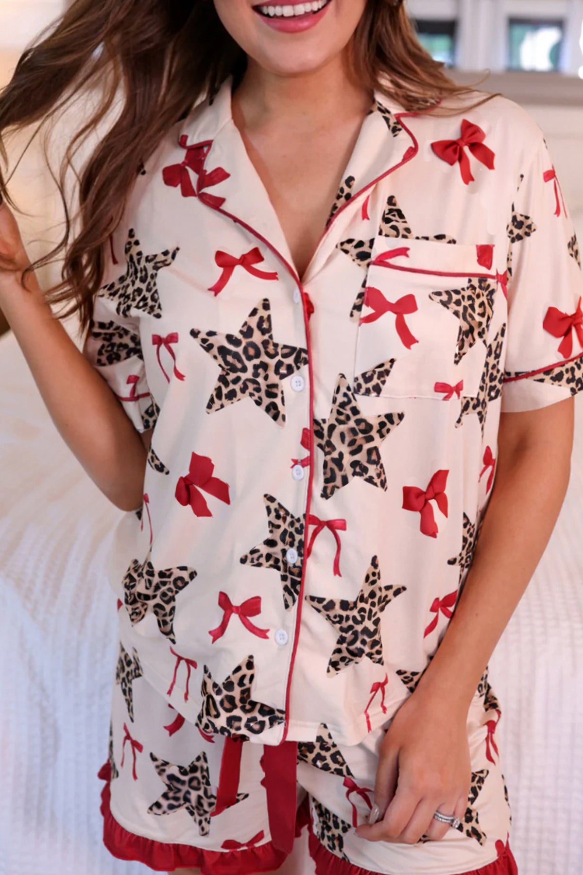 White Leopard Star Ribbon Bow Print Short Pajama Set