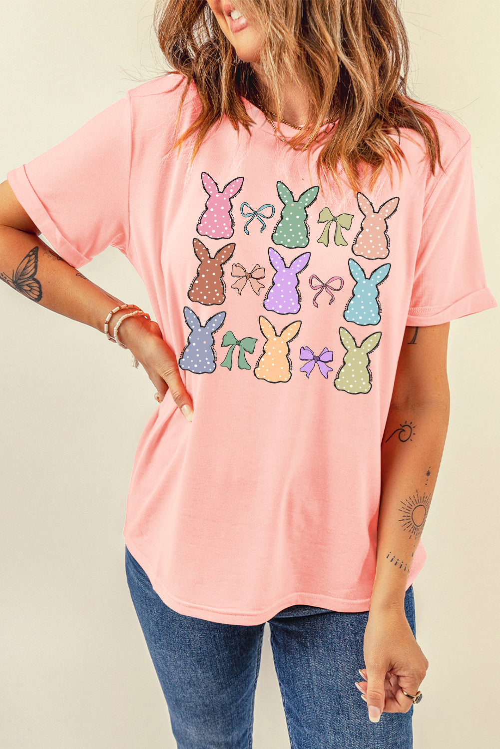 Pink Dotty Bunny Bow Printed Easter Day Fashion T-Shirt