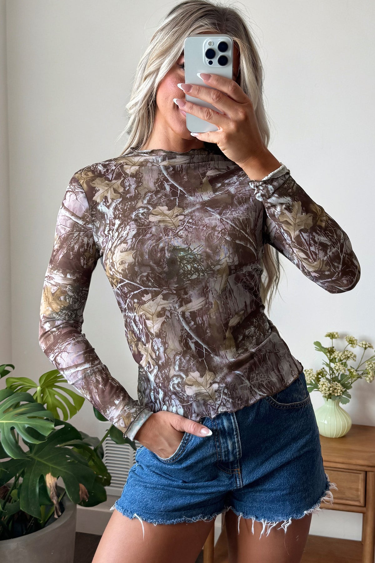 Apricot Floral Print Mesh Long Sleeve Mock Neck Top