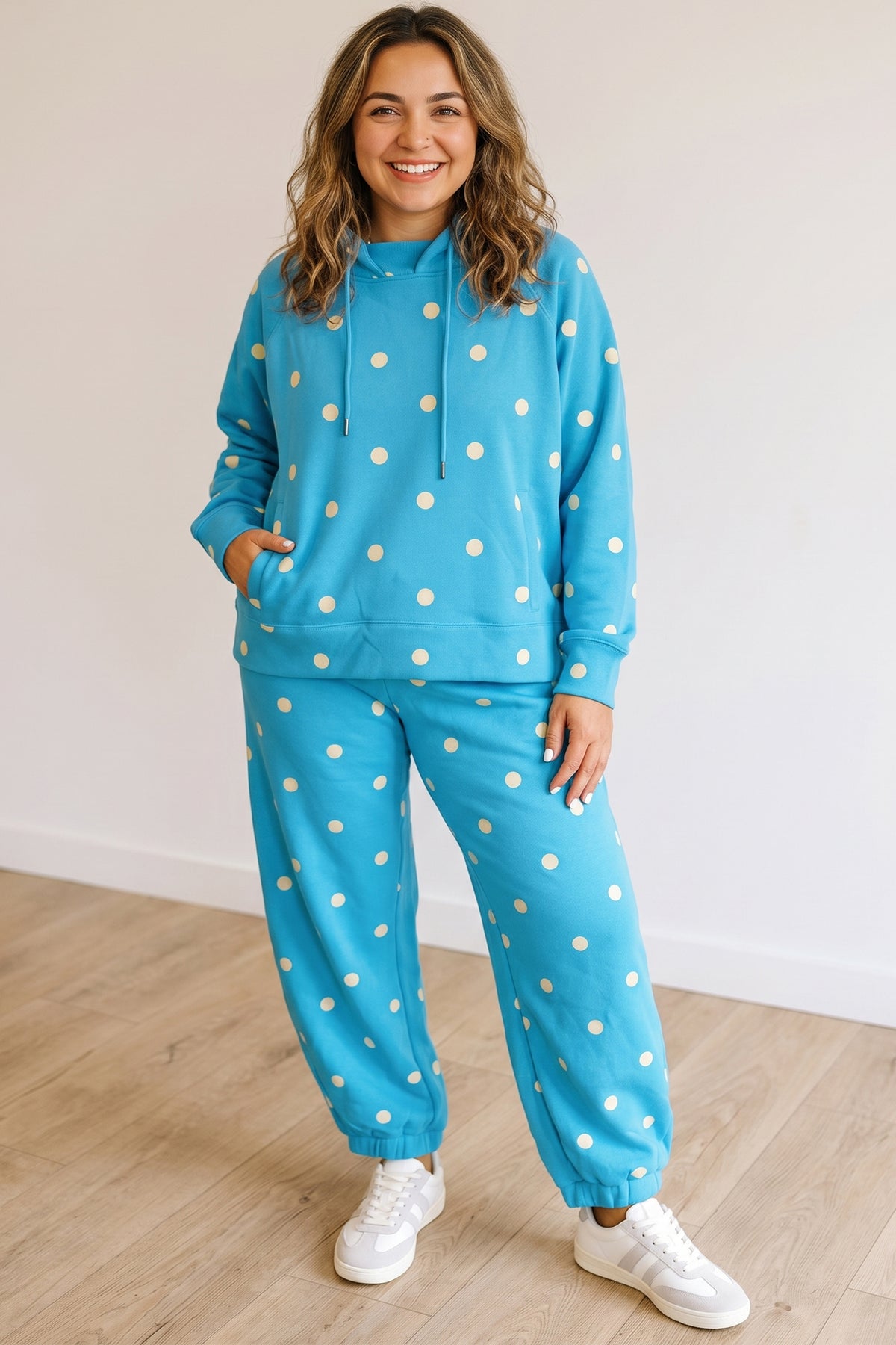 Blue Polka Dot Hooded Drawstring Long-Sleeve Plus Size Set