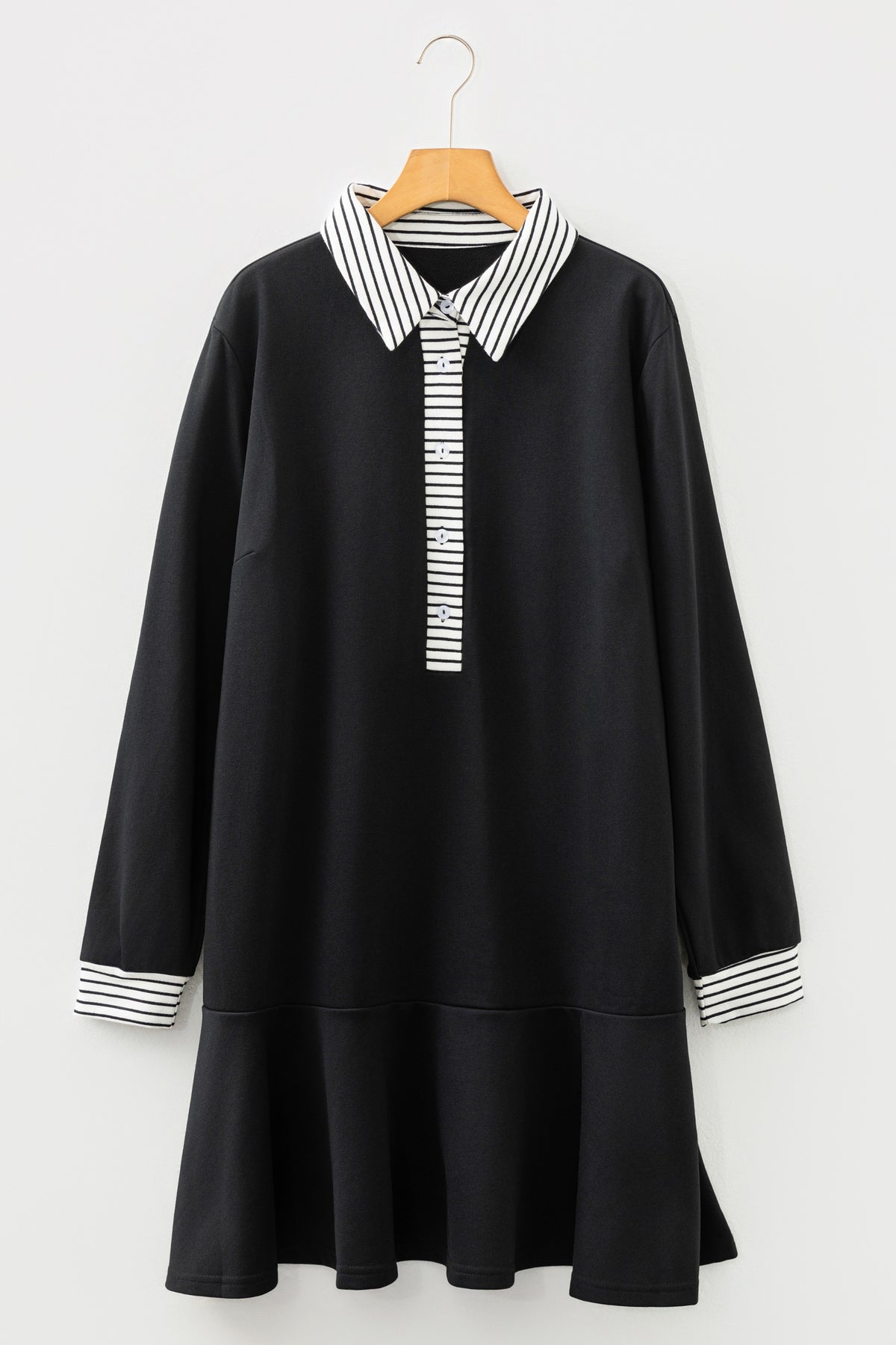 Black Plus Size Striped Cuffs Polo Collar Patchwork Long-Sleeve Ruffle Hem Dress