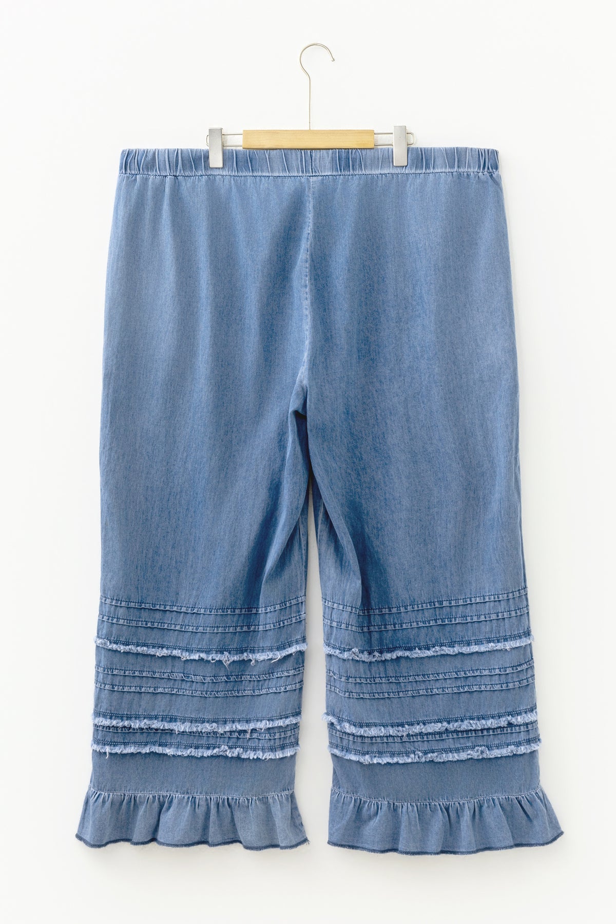 Dusk Blue Tiered Raw Edge Ruffled Plus Size Wide-Leg Denim Pants