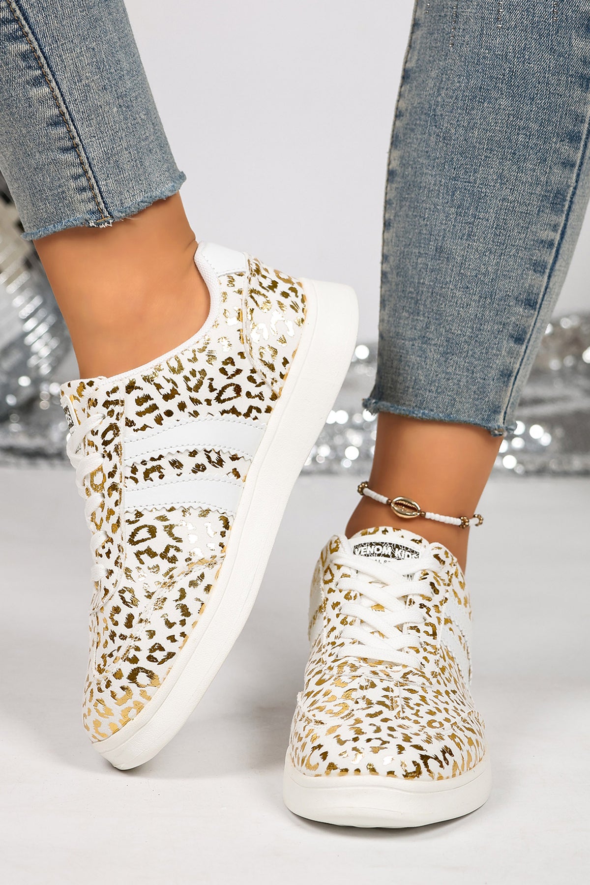 White Leopard Print PU Leather Lace-Up Casual Sneakers