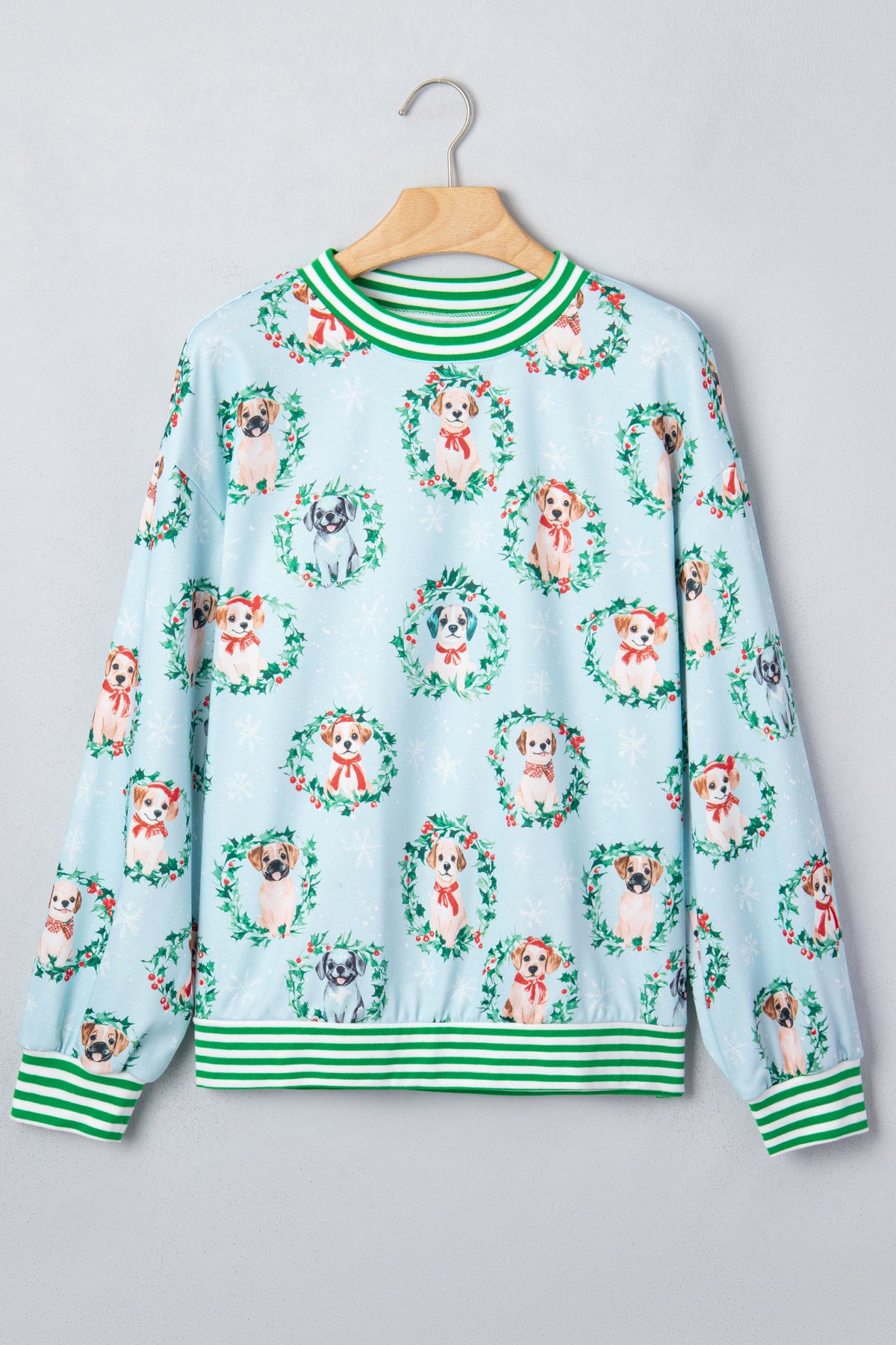Sky Blue Abstract Dog Print Ribbed Cuff Round Neck Sweatshirt