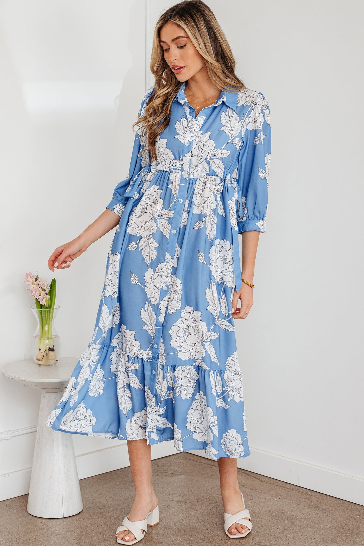 Sky Blue Floral Print Shirt Collar 3/4 Sleeve Ruffle Hem Long Dress