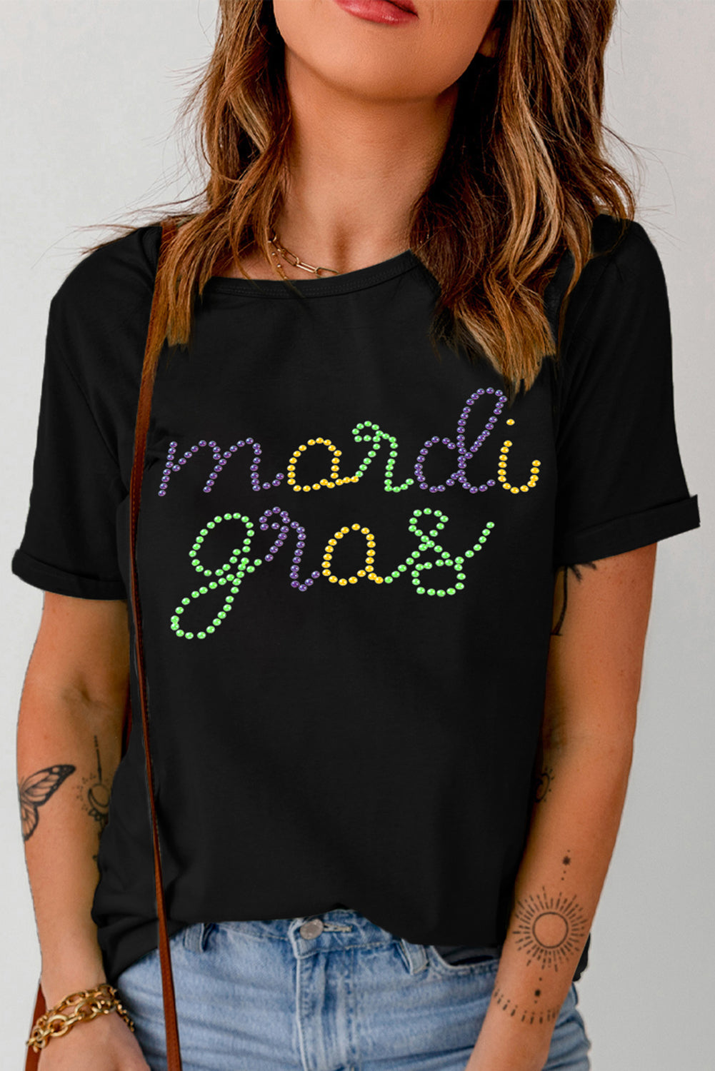 Black Rhinestone Mardi Gras Letter Graphic T-Shirt