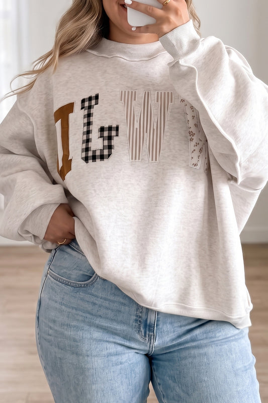 Gray WWJD Mix Pattern Letter Graphic Exposed Sweatshirt