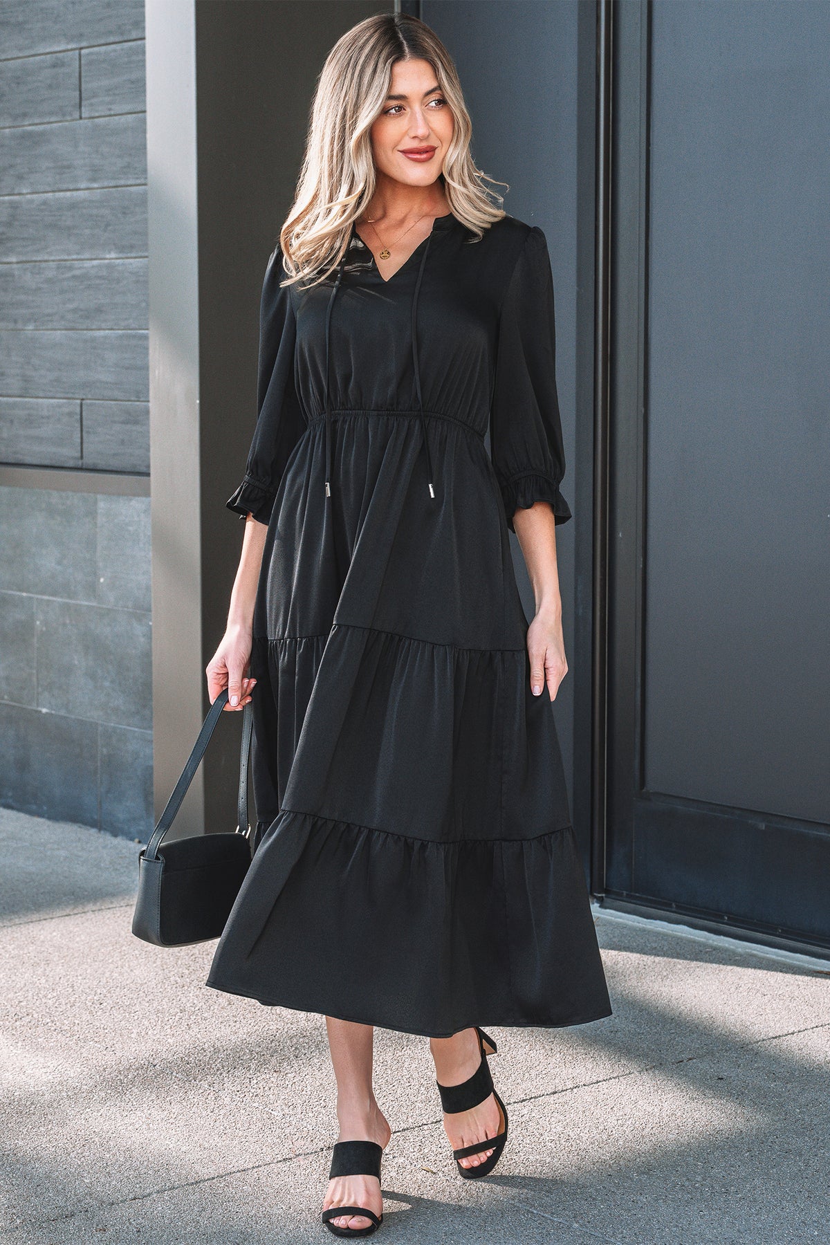 Black Flounced Bracelet Sleeve V Neck Tiered Maxi Dress