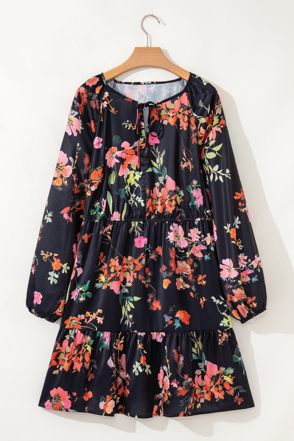 Black Floral Tie-Neck Plus Size Mini Dress