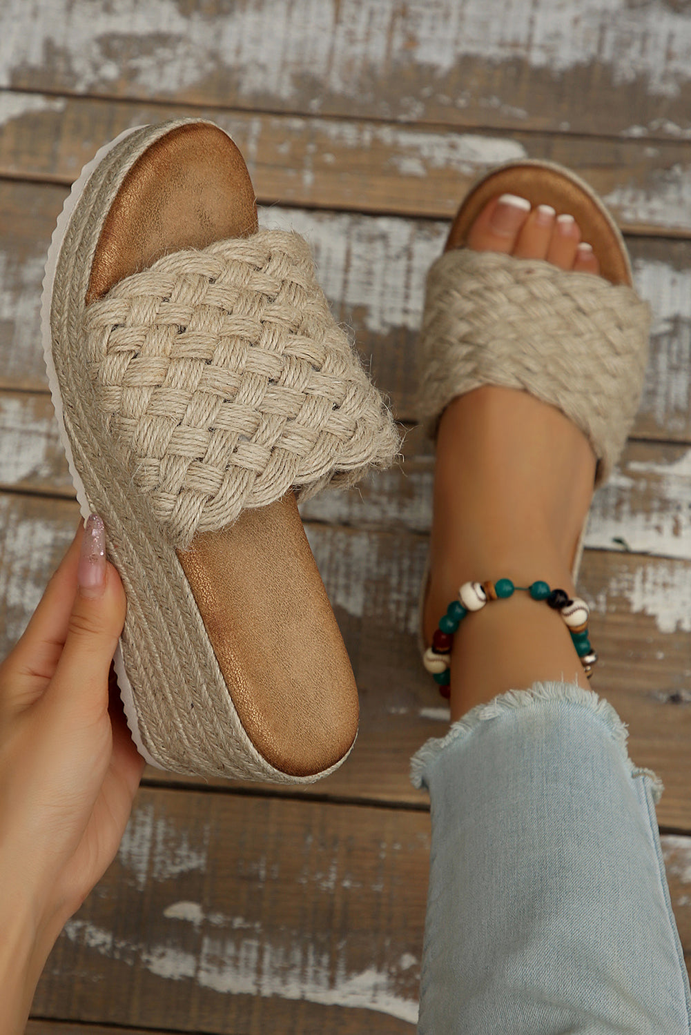 White Woven Wide Band Platform Sandals