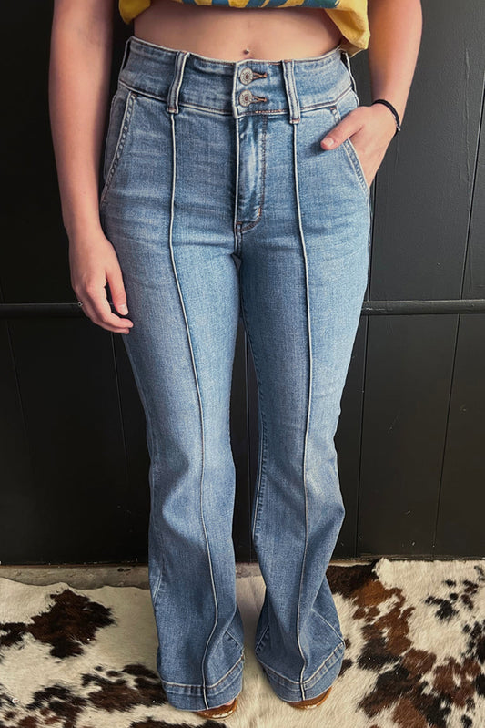 Dusk Blue 2 Button High Waist Piping Trim Bootcut Jeans