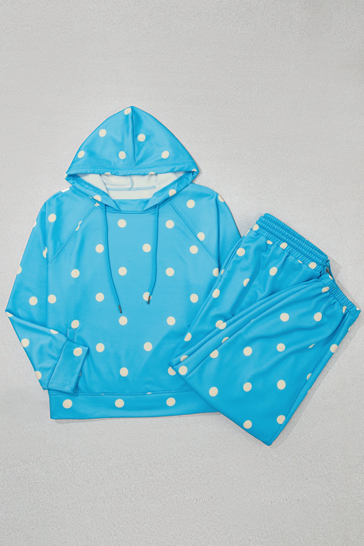 Blue Polka Dot Hooded Drawstring Long-Sleeve Plus Size Set
