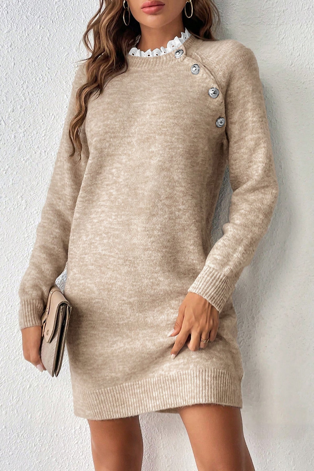 Parchment Button Lace Detail Raglan Sleeve Shift Mini Sweater Dress