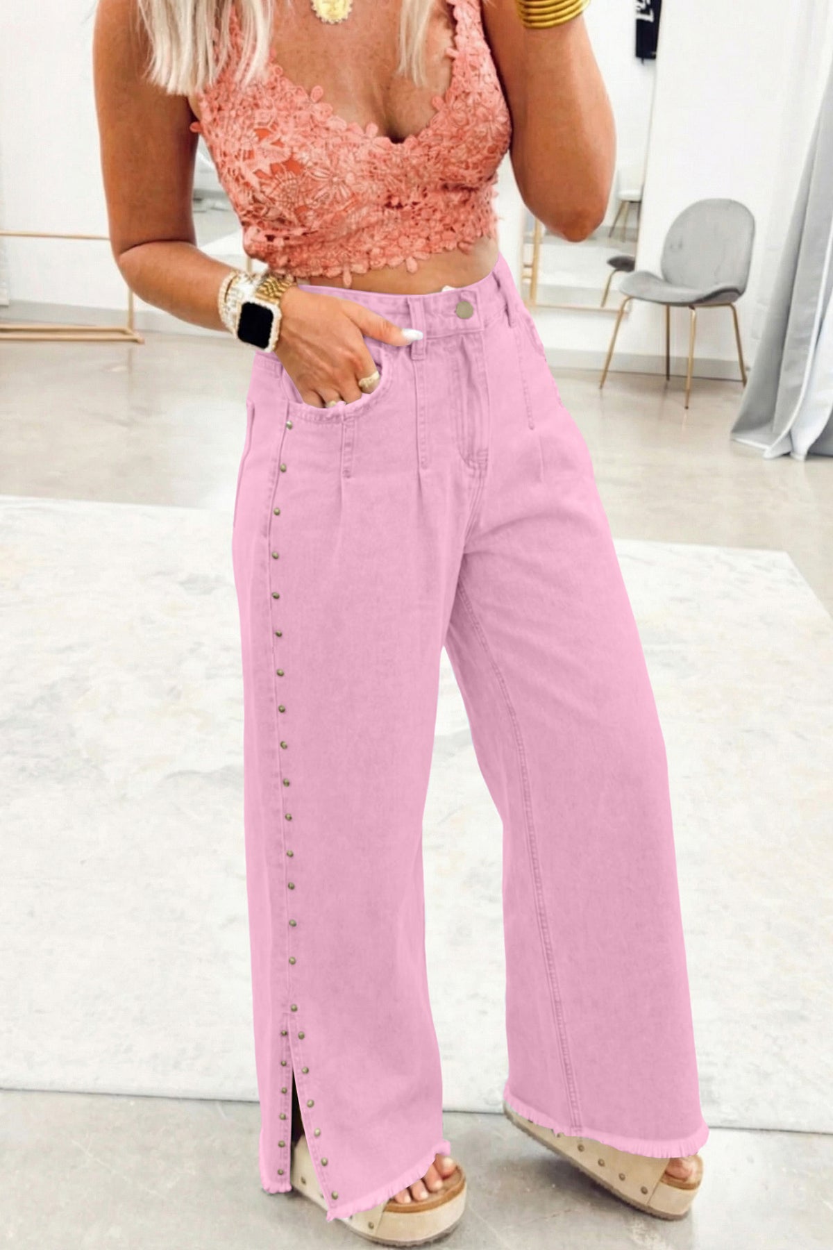 Pink Beaded Side Split Loose Jeans