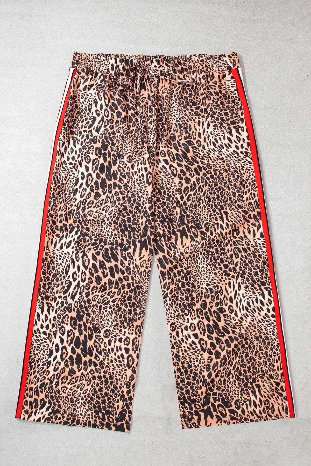 Khaki Leopard Print Color-Block Side Stripes Wide-Leg Full-Length Plus Size Pants