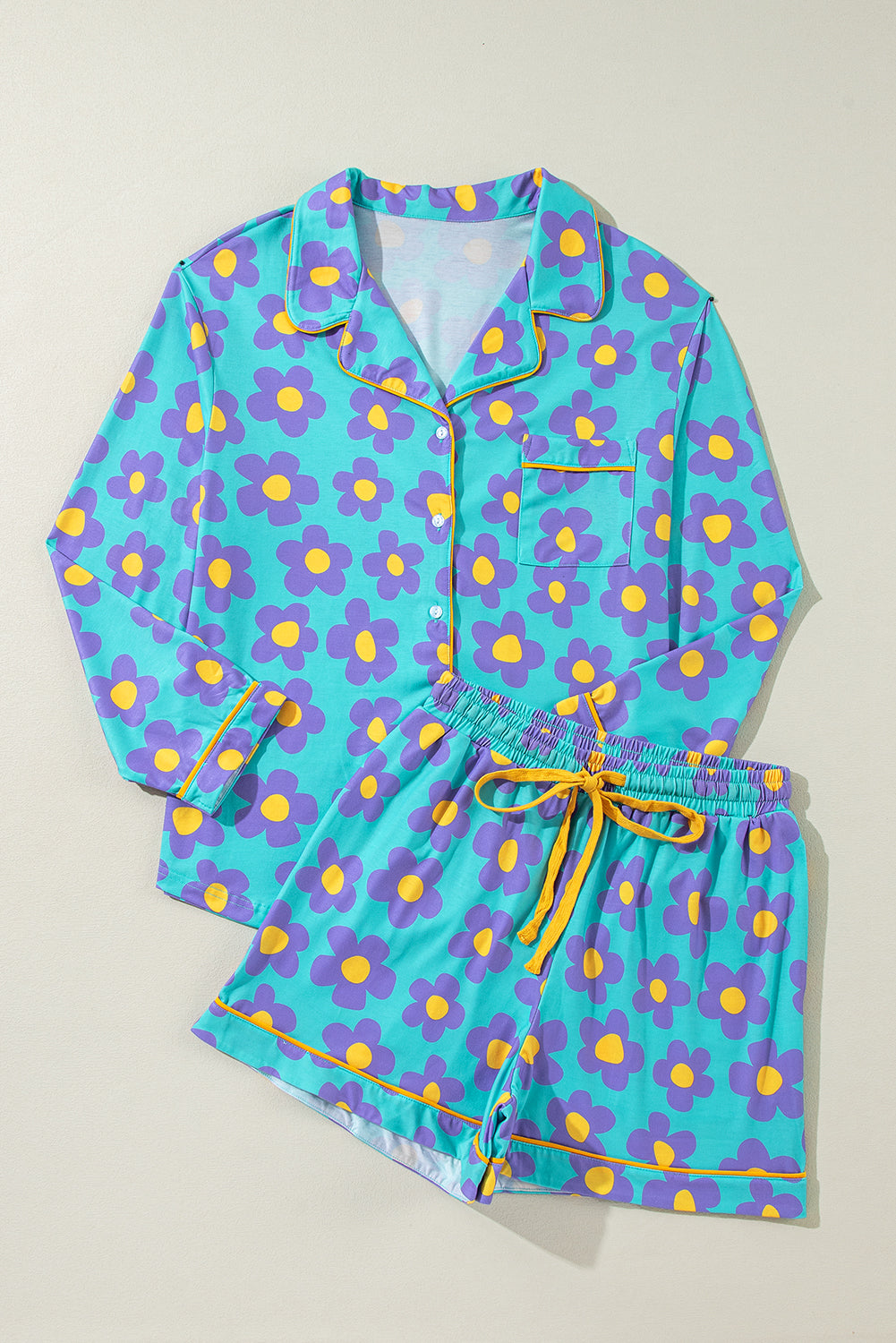 Green Flower Print Long Sleeve Shirt Shorts Pajama Set