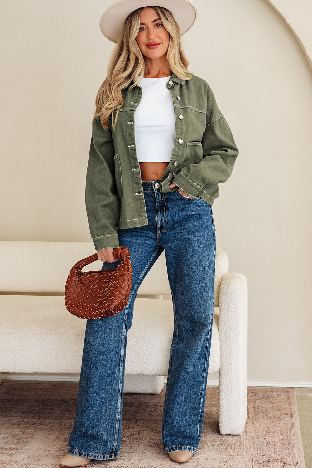 Smoke Green Patched Pocket Collared Boyfriend Denim Jacket