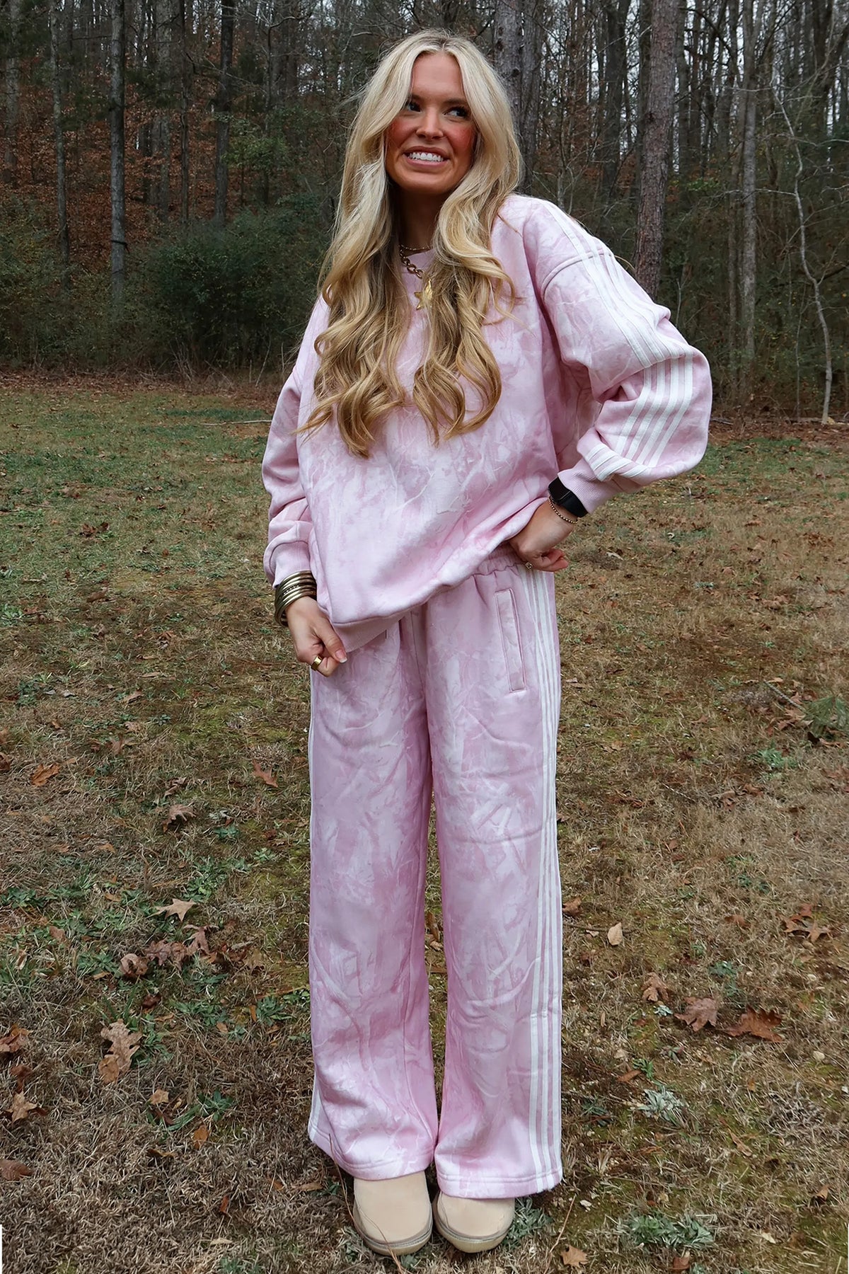 Pink Abstract Print Side Stripe Detail Long Sleeve Top Pants Set
