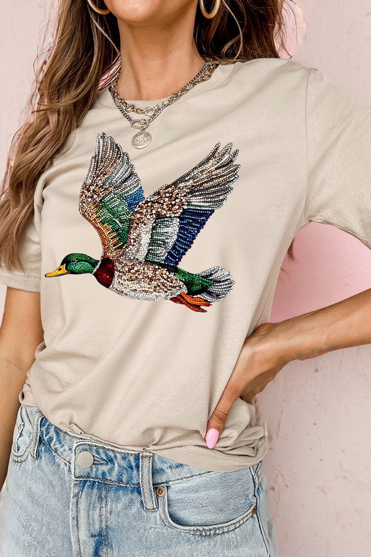 White Flying Mallard Print Crew Neck T-Shirt