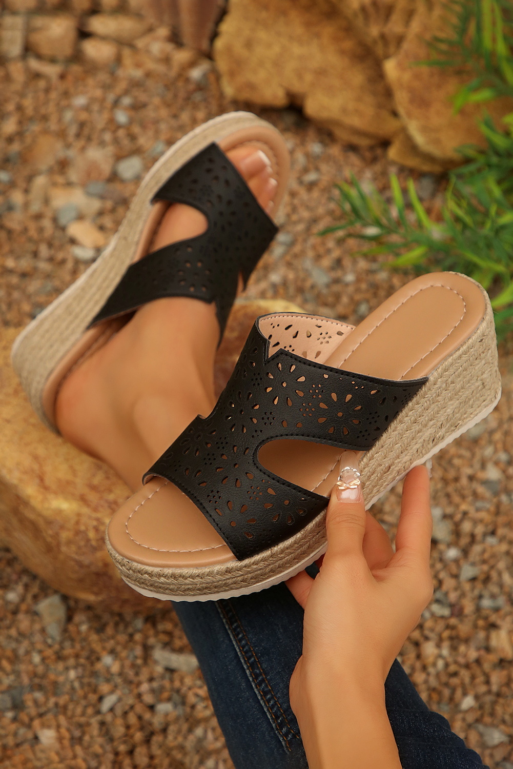 Black Flower Hollow Out PU Leather Wedge Sandals