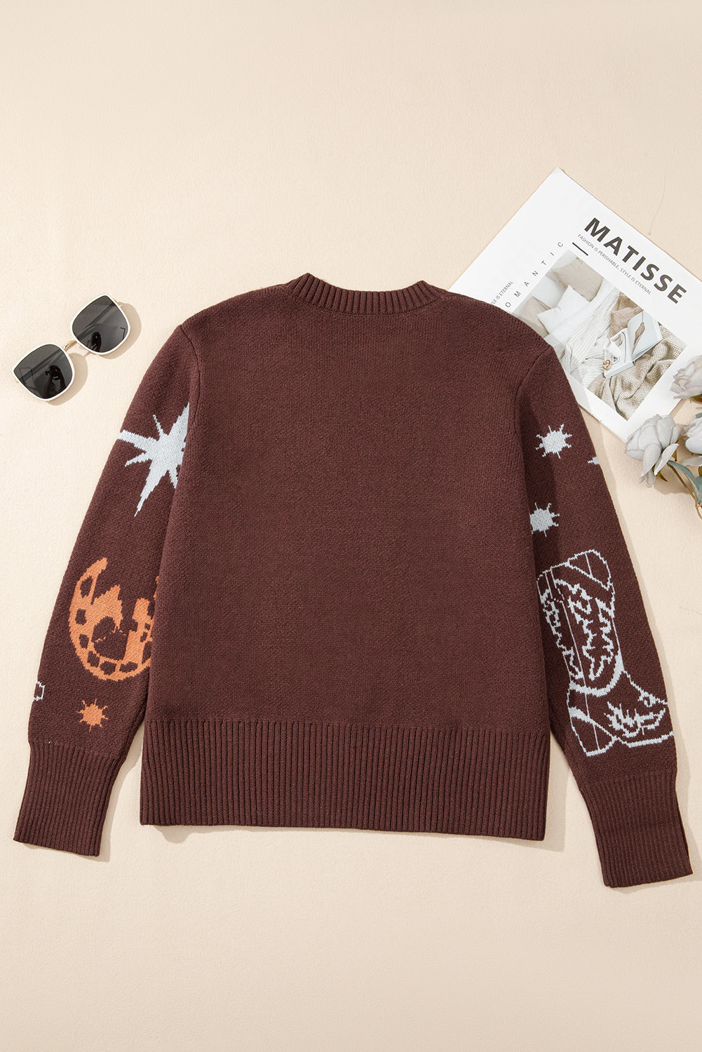 Brown Cowgirl Print Casual Sweater