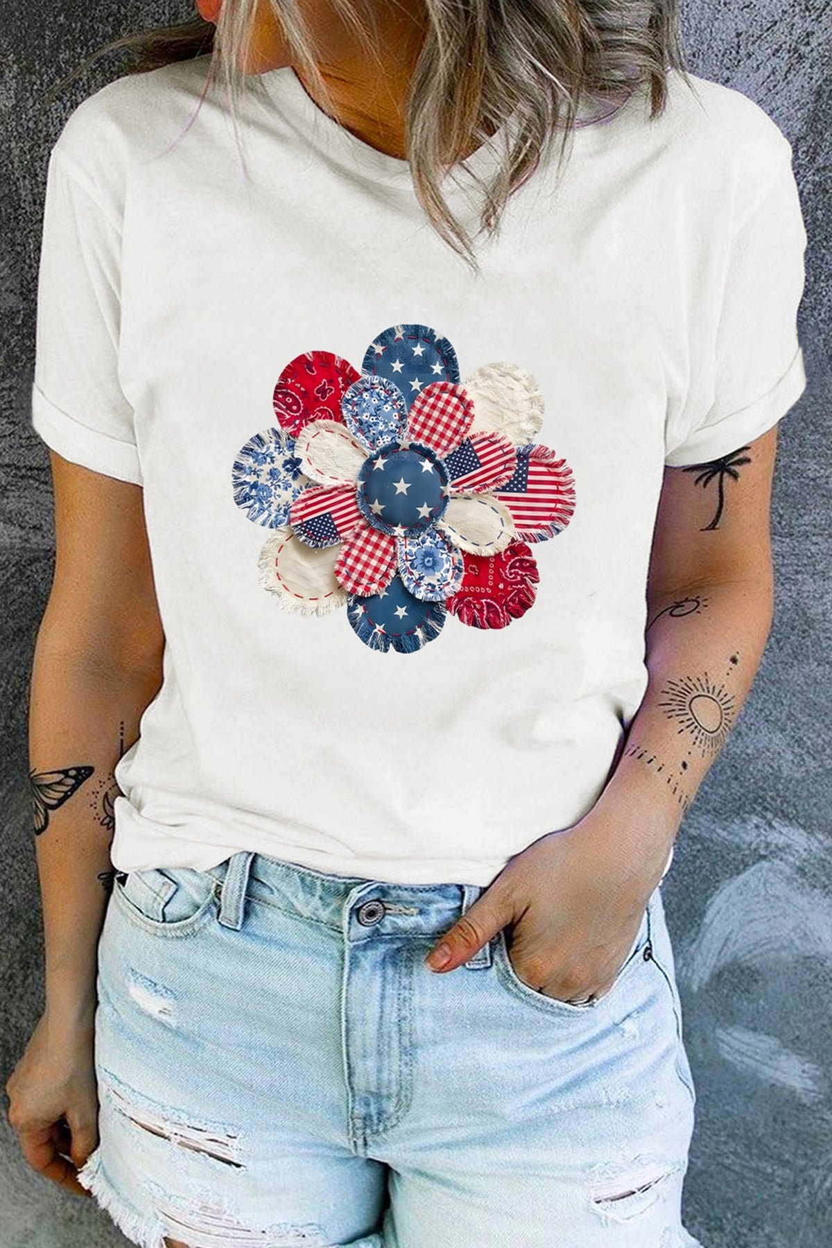 White Faux Patchwork Patriotic Flower Printed T-Shirt