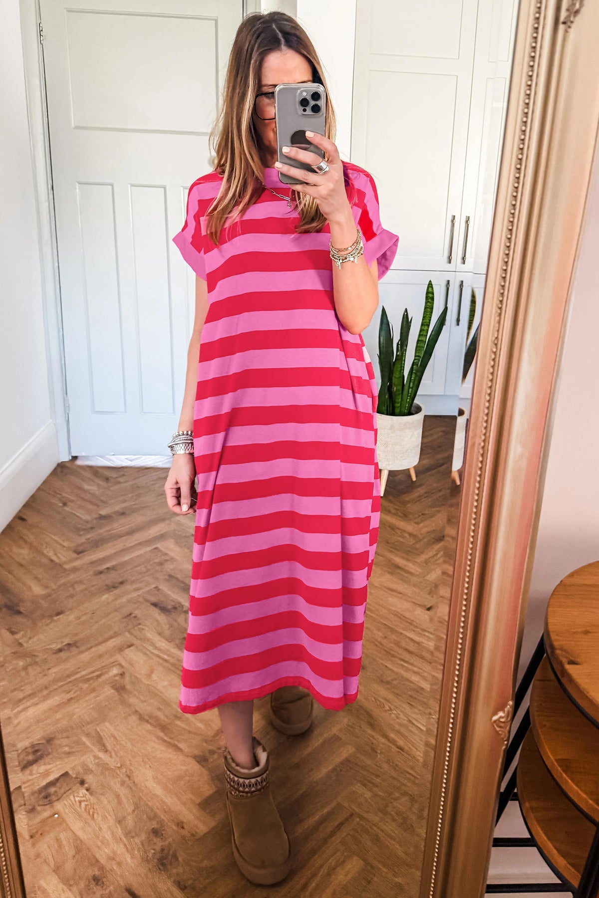 Rose Stripe Cuffed Short Sleeve Pocketed T-Shirt Long Dress