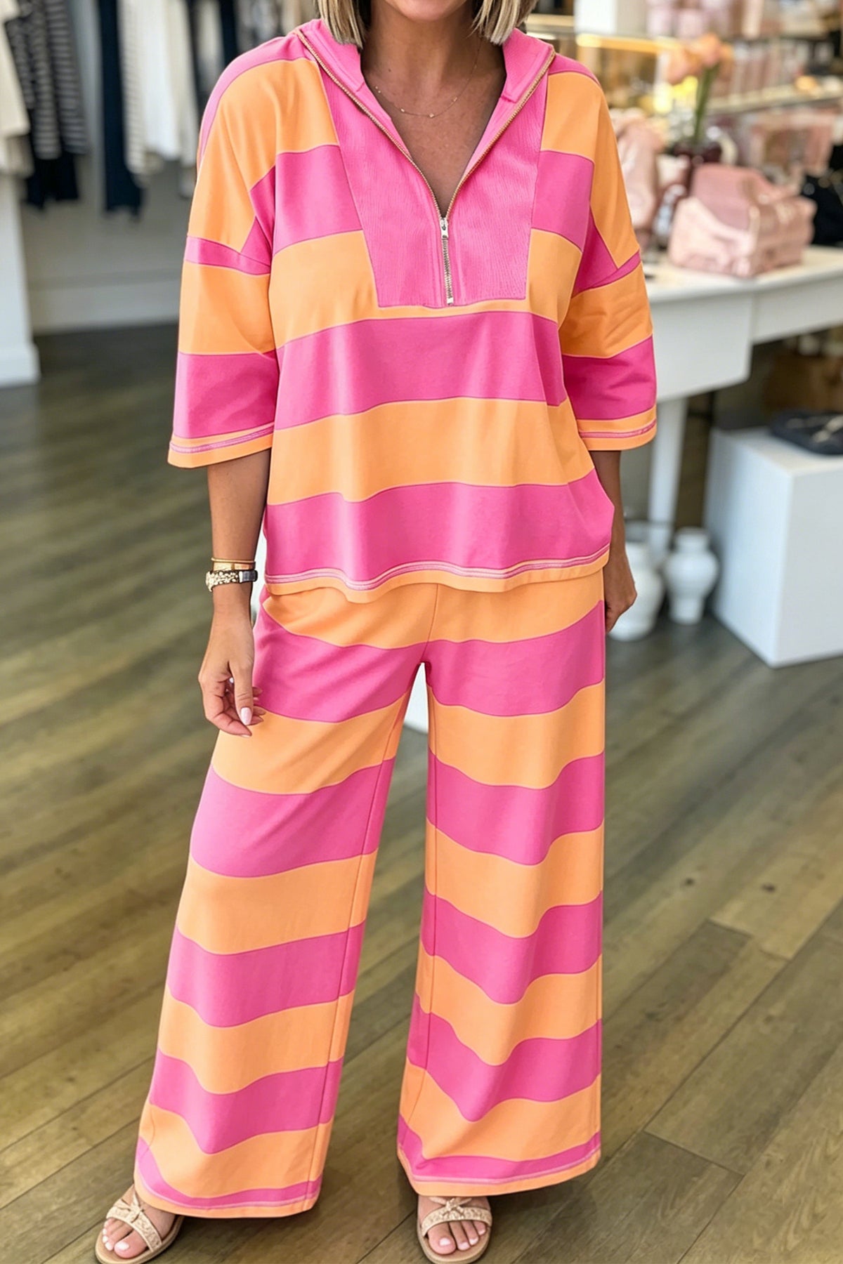 Women's Orange Stripe Colorblock Half Sleeve Top Casual Loose Pants Two-Piece Set