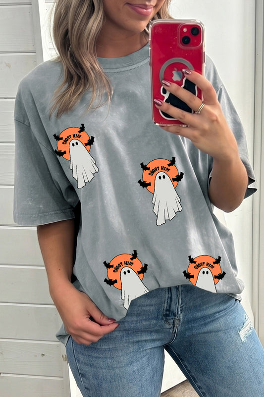 Gray Halloween Ghost Print Short Sleeve Fit T Shirt