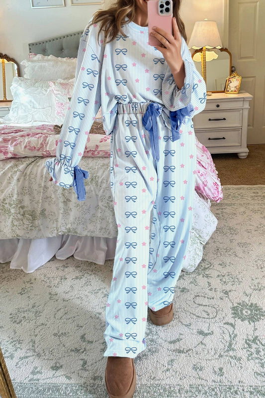 Sky Blue Stripe Bow Star Print Tied Detail Lounge Set