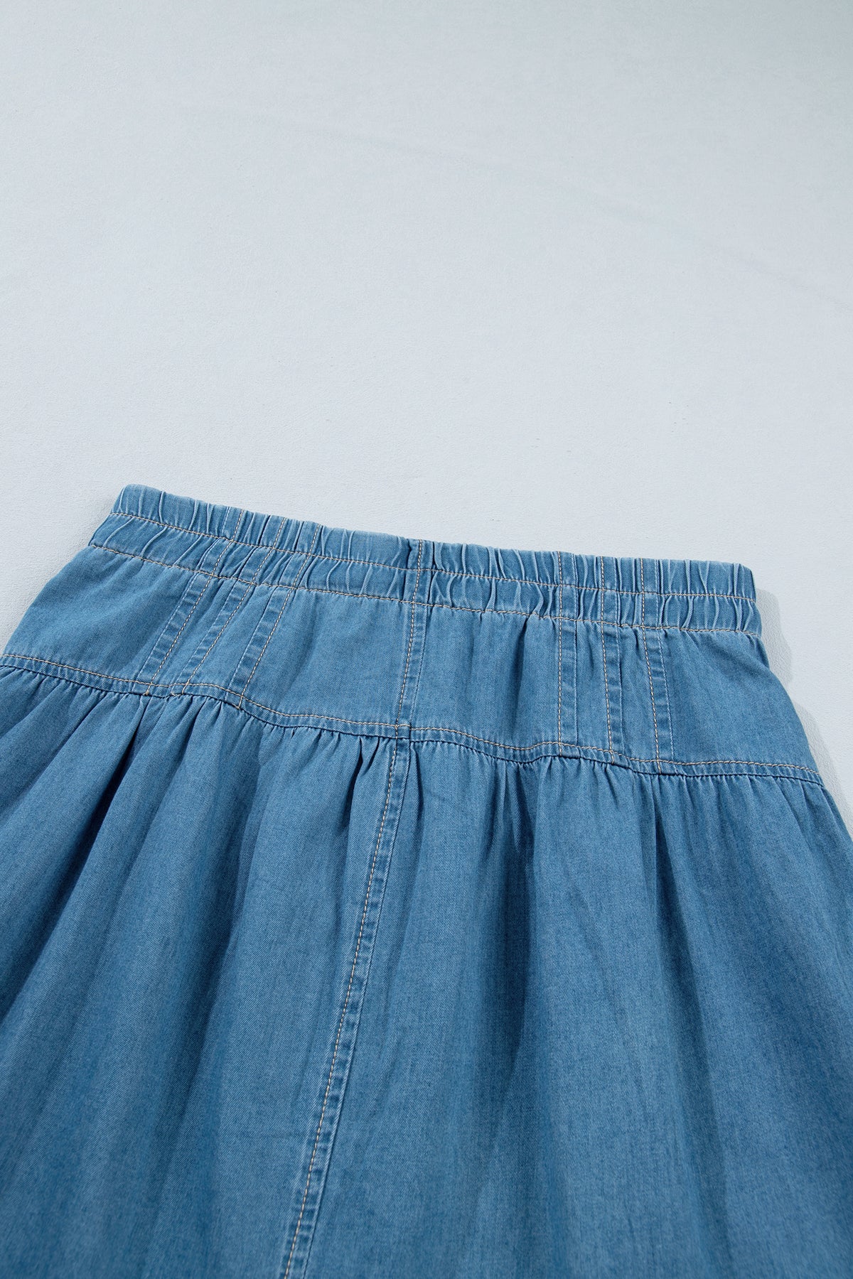 Sky Blue Half Buttons Pleated High Waist Denim Mini with Skirt
