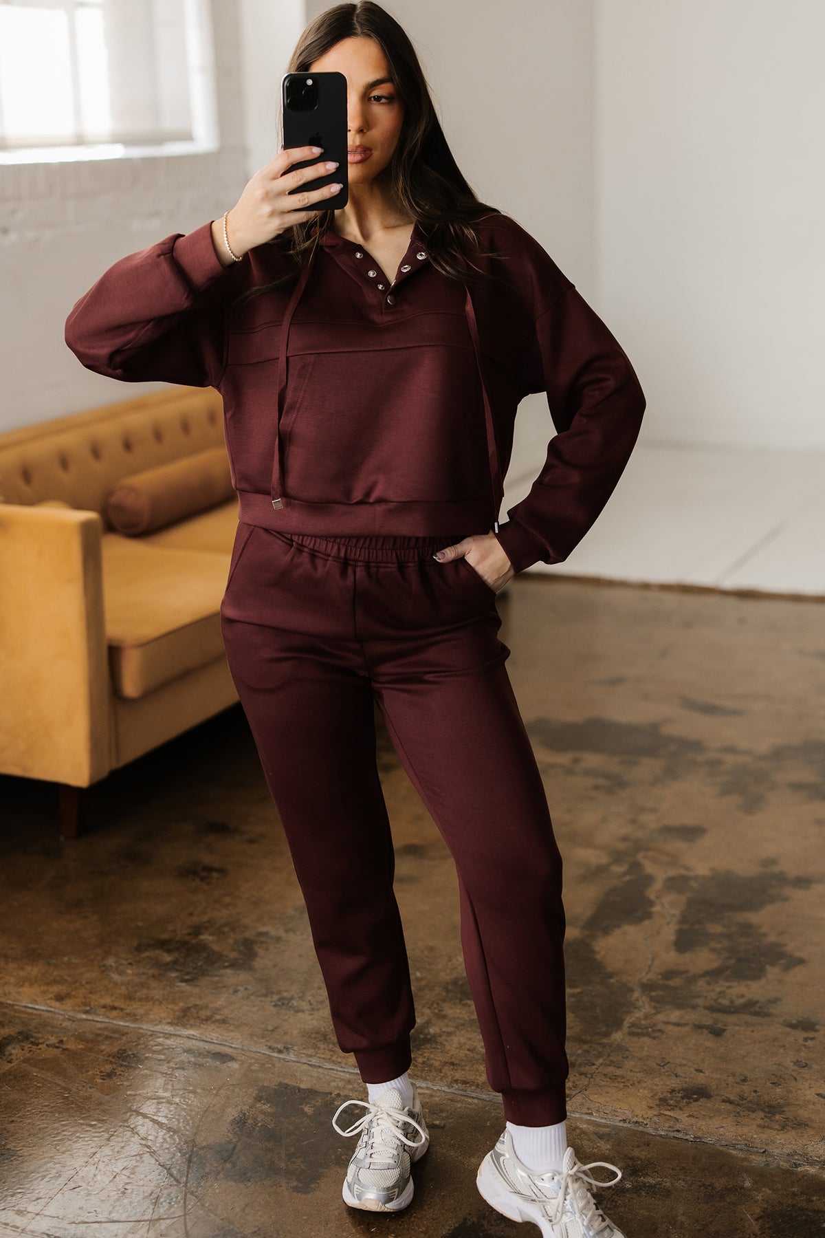 Women's Chicory Coffee Button Cropped Hoodie Jogger Two-Piece Set