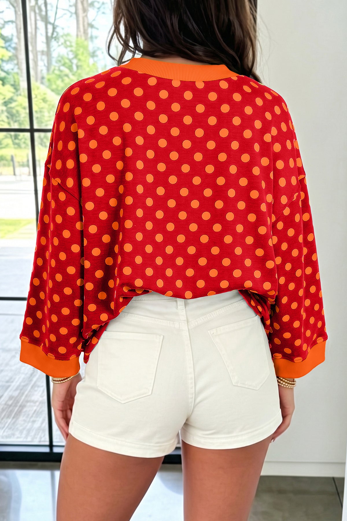 Green Polka Dot Print Round Neck Bracelet Sleeve Top