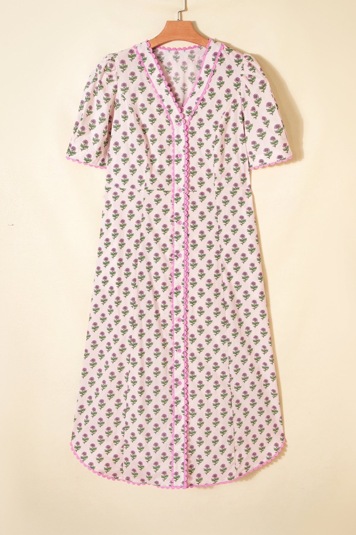 Pink Floral Print V Neck Scallop Trim Short Sleeve Long Dress