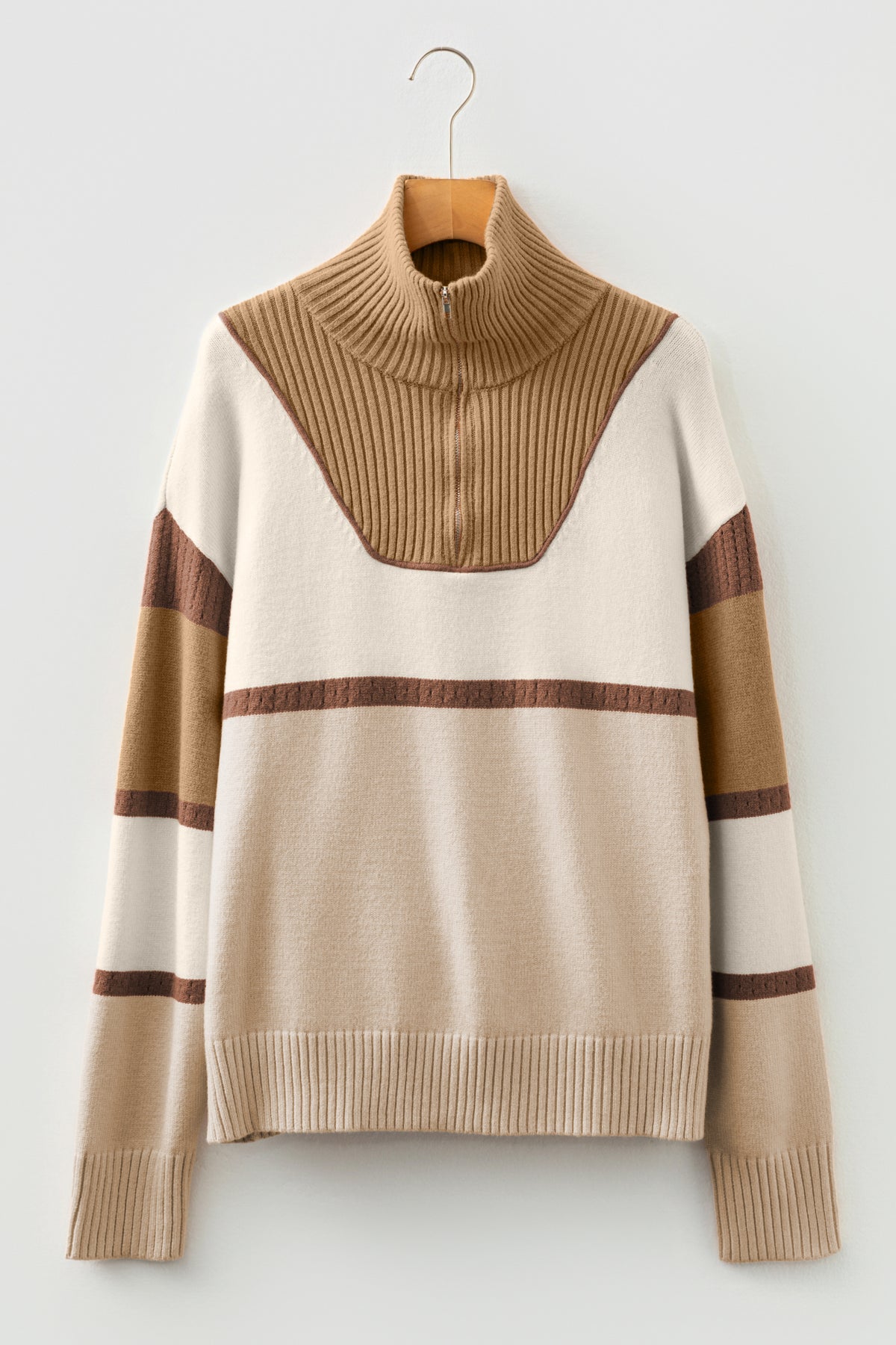 Parchment Colorblock Zipped Collared Pullover Sweater