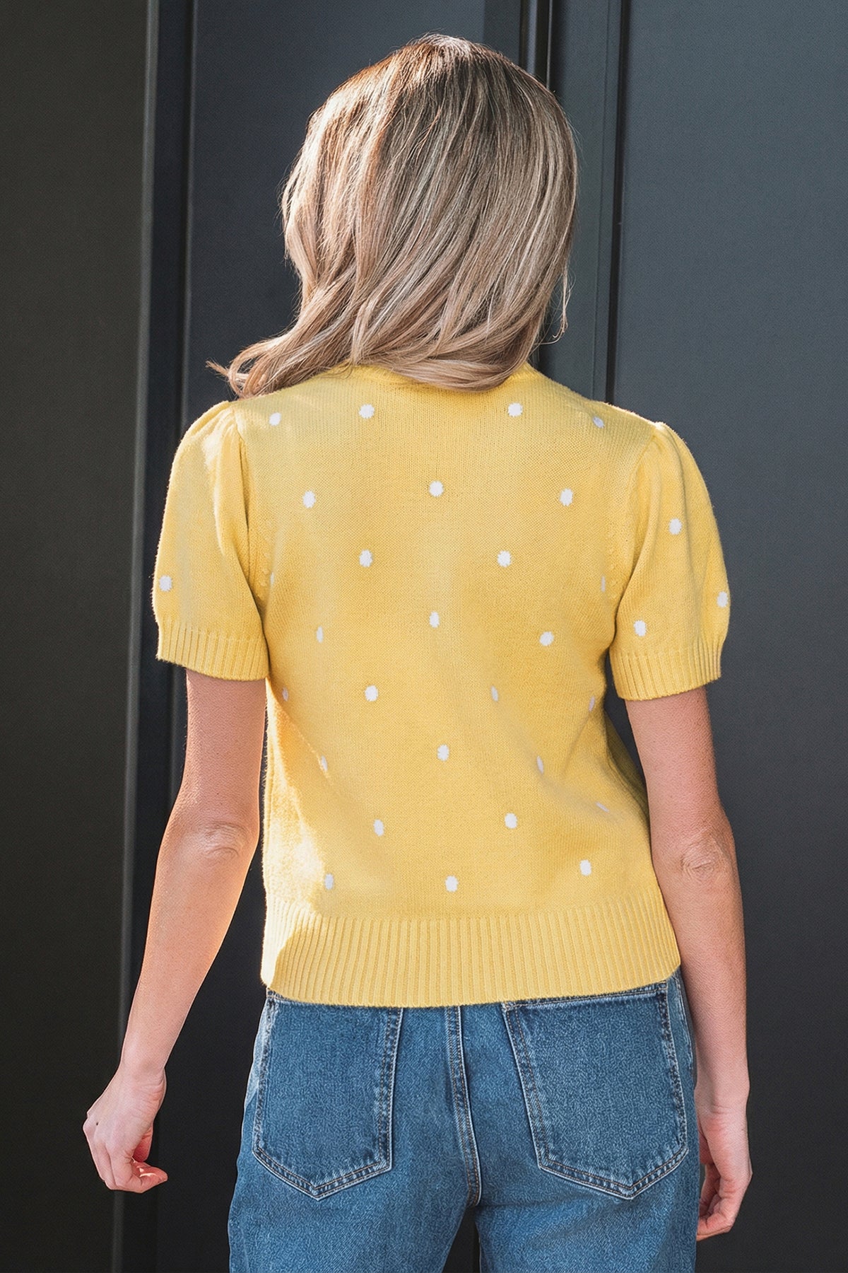 Yellow Cream Elegant Polka Dot Bubble Short Sleeve Sweater