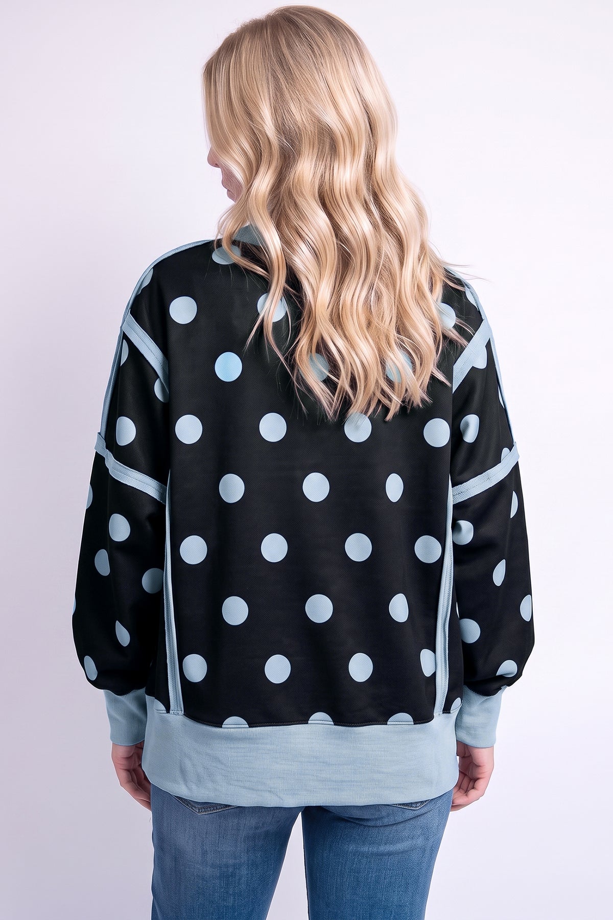White Polka Dot Contrast Patchwork Round Neck Sweatshirt