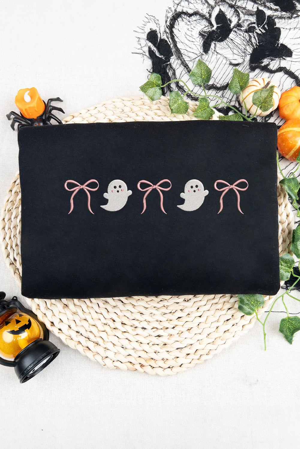 Black Halloween Ghost Bow Embroidered Loose T-Shirt