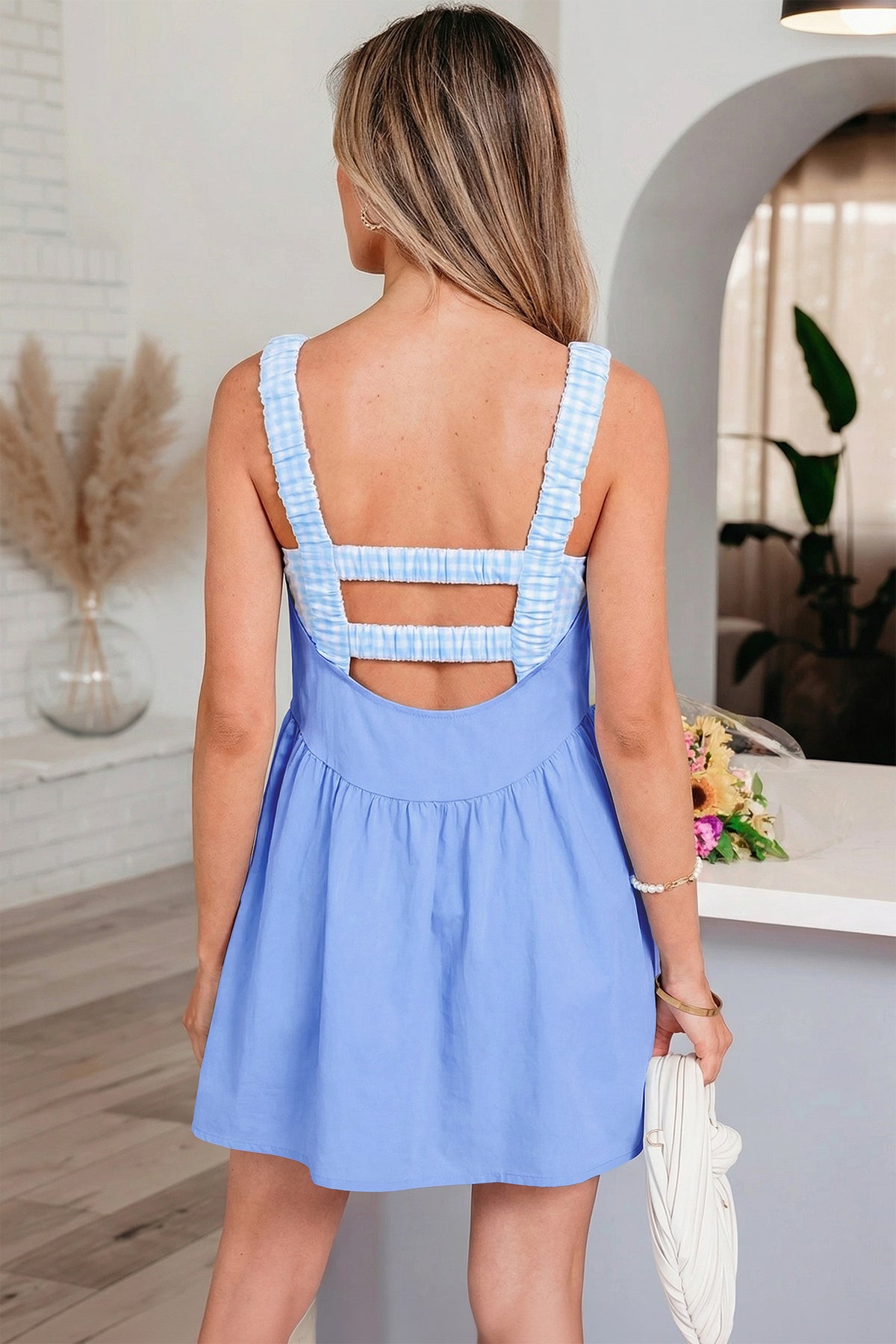 Yellow Cream Faux Gingham Contrast Patchwork Loose Mini Dress