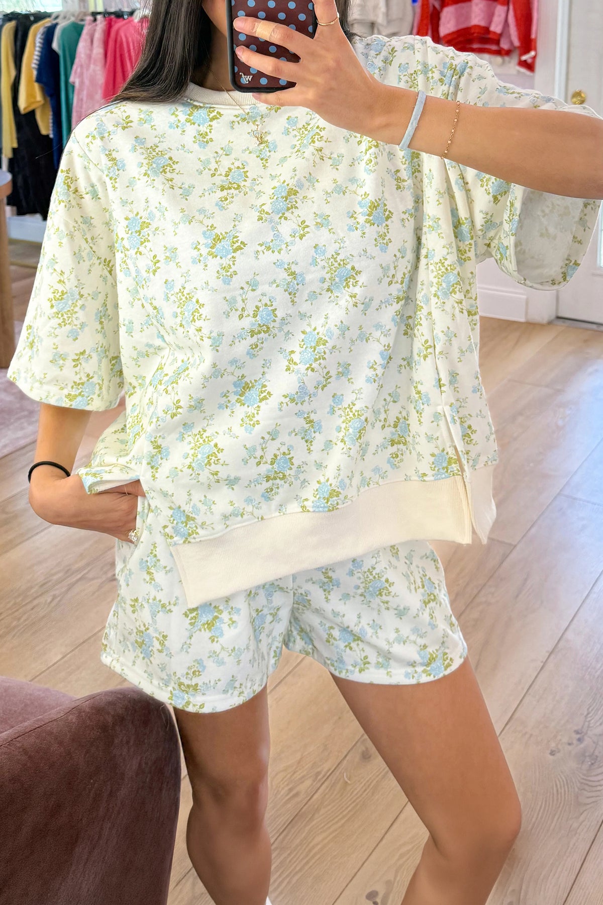 Women's Sky Blue Floral Print Short-Sleeve Elastic Waist Pocket Two-Piece Set