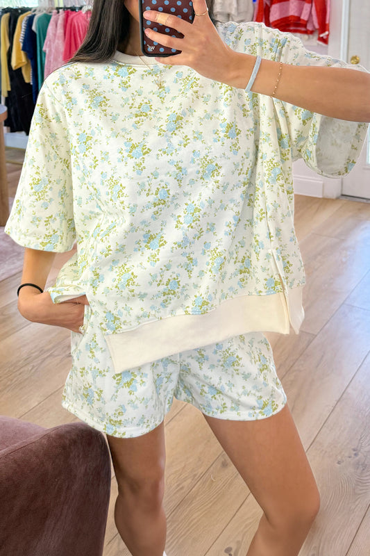 Women's Sky Blue Floral Print Short-Sleeve Elastic Waist Pocket Two-Piece Set